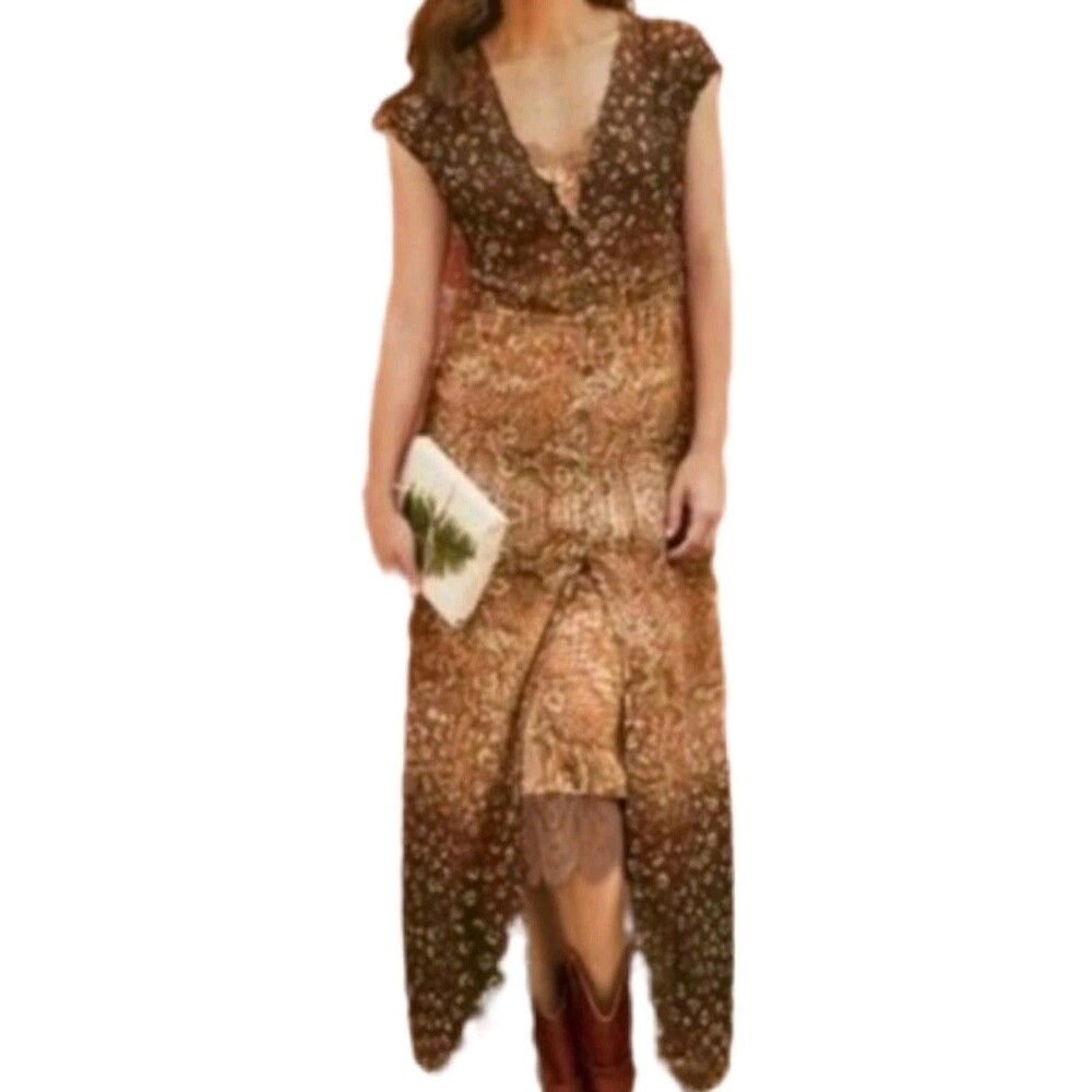 Soft Surroundings Catriona tan brown animal print chiffon  maxi dress S NWOT